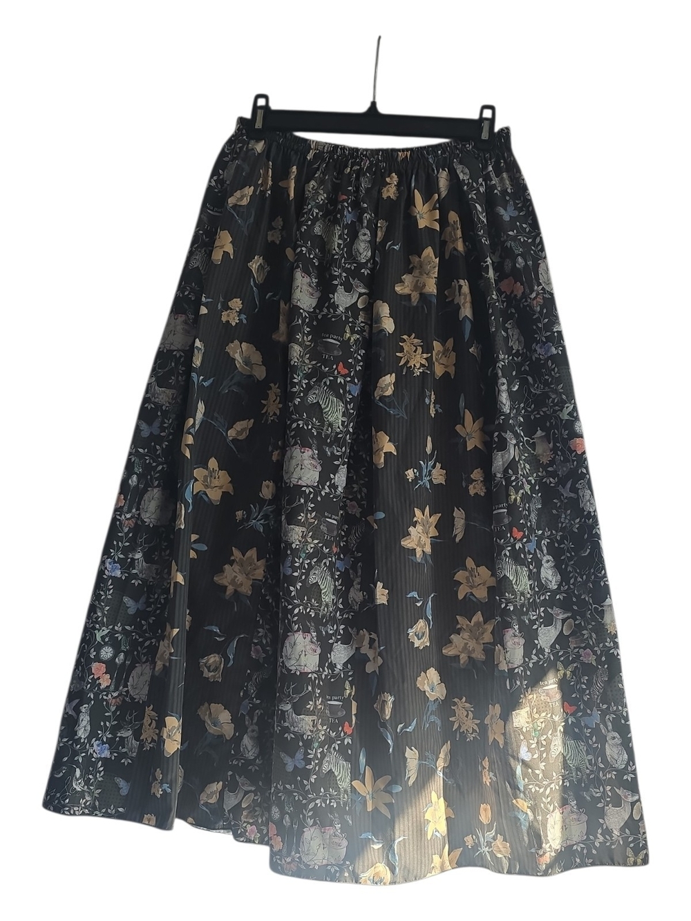 Scolar Dark Grey Floral Forest Animal Print Stretchy Waist Maxi Skirt
